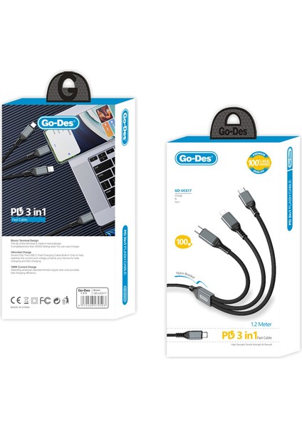 GD-UC617 3in1 Type-C To Lightning/type-C/type-C Ultra Hızlı Pd Şarj Kablosu 100W 1.2m Siyah fiyatları