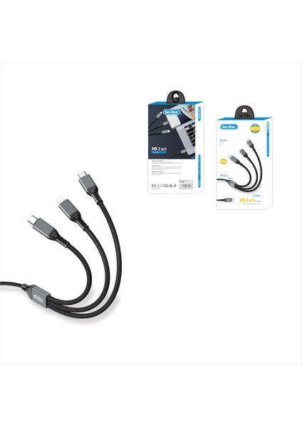 GD-UC617 3in1 Type-C To Lightning/type-C/type-C Ultra Hızlı Pd Şarj Kablosu 100W 1.2m Siyah modelleri