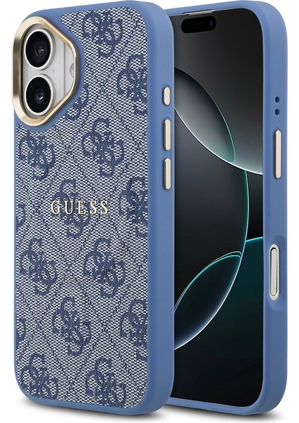 iPhone 17 Uyumlu Kılıf Guess Lisanslı M-Safe Şarjlı Gold Kamera Çerçeveli Pu Deri Yazı Logolu Mavi