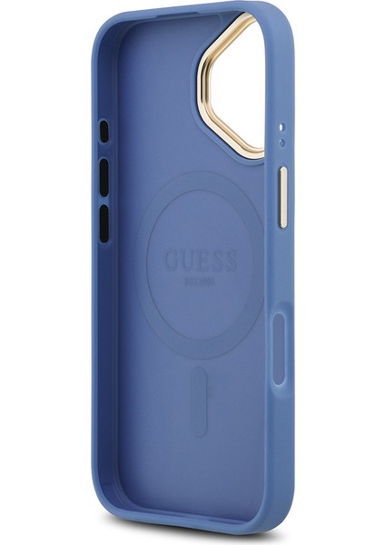 iPhone 17 Uyumlu Kılıf Guess Lisanslı M-Safe Şarjlı Gold Kamera Çerçeveli Pu Deri Yazı Logolu Mavi