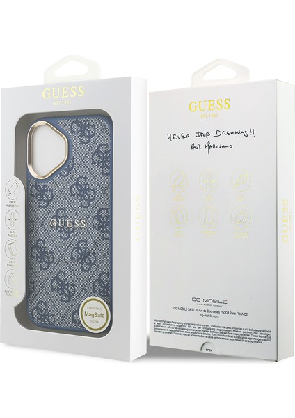 iPhone 17 Uyumlu Kılıf Guess Lisanslı M-Safe Şarjlı Gold Kamera Çerçeveli Pu Deri Yazı Logolu Mavi