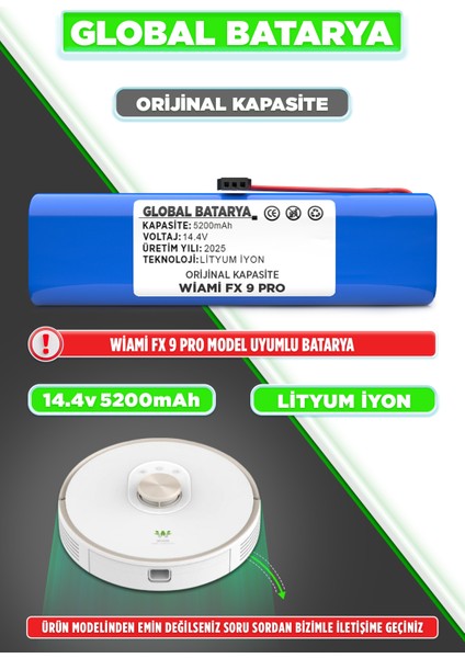 Wiami Fx9 Pro Uyumlu Akıllı Robot Süpürge Bataryası 14.4V 5200MAH Li-Ion Pil (Orijinal Kapasite)