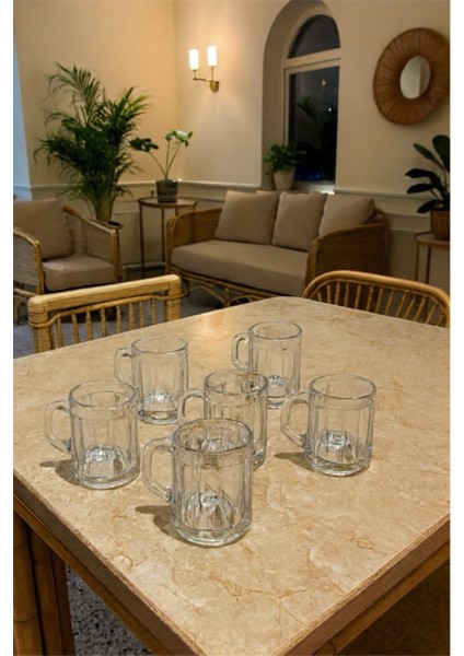 Kulplu Çizgili Çay Fincanı-Su Bardağı-Kupa 6 Parça