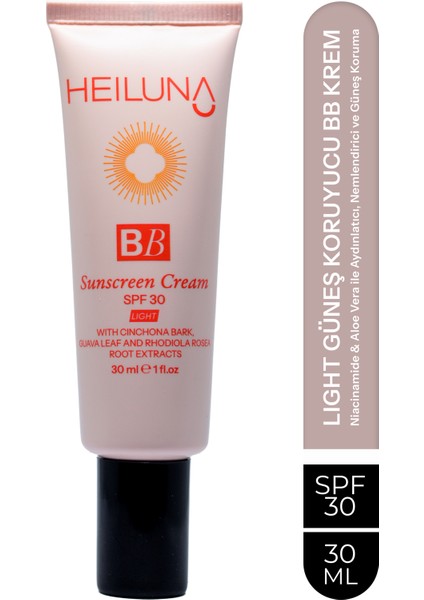 SPF 30 BB Krem 30 ml Light, Nemlendirici ve Güneş Koruma, Niacinamide & Aloe Vera ile Aydınlatıcı
