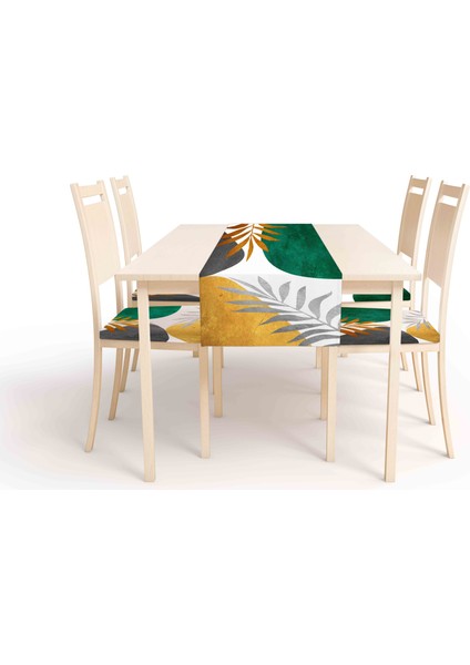 Soyut Desen , Dijital Baskı , Çift Taraflı , Süngerli Fermuarlı 4 Adet Sandalye Minderi ve 1 Runner Mutfak Bahçe Yemek Masası 5li Set