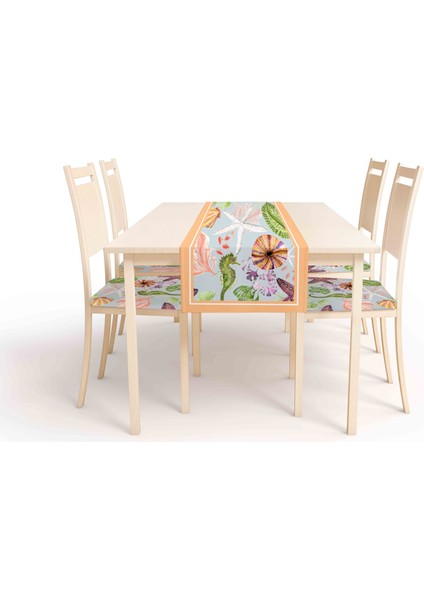 Marine Desen , Dijital Baskı , Çift Taraflı , Süngerli Fermuarlı 4 Adet Sandalye Minderi ve 1 Runner Mutfak Bahçe Yemek Masası 5li Set