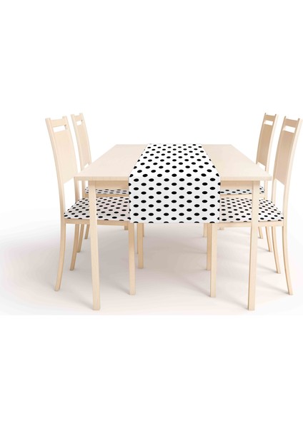 Puantiye Desen , Dijital Baskı , Çift Taraflı , Süngerli Fermuarlı 4 Adet Sandalye Minderi ve 1 Runner Mutfak Bahçe Yemek Masası 5li Set