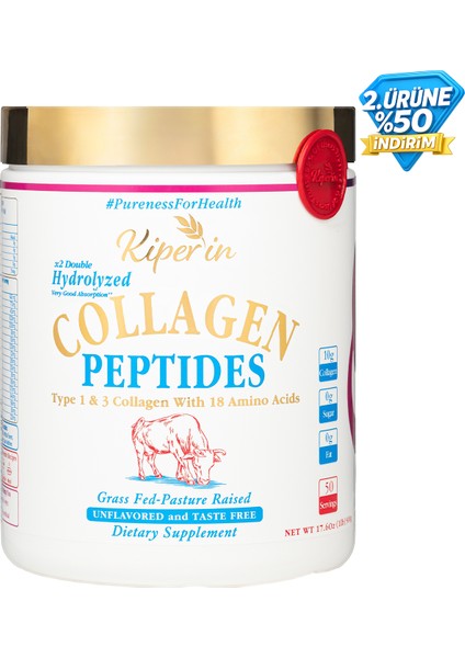 %100 Saf ve Doğal Yüksek Biyoaktif ve Biyoyararlı Çift Hidrolize Edilmiş Toz Peptitleri İçeren Diyet Takviyesi Kolajen (500gr) - 50 Günlük