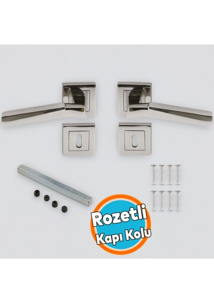 Kare Rozetli Oda Kapı Kolu Sağa ve Sola Uygun Nikel Saten 1 Takım