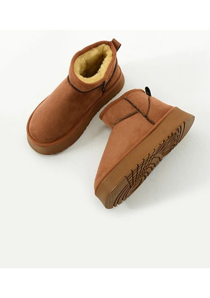 Mini Koyu Süet Içi Kürklü Kalın Taban Kadın Bot