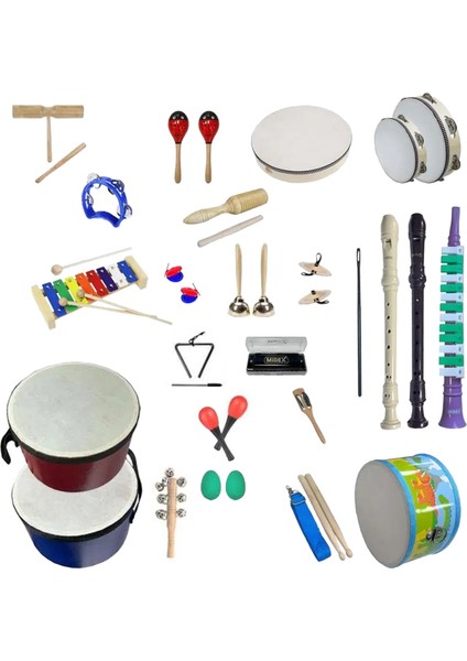 Örf Aletleri Seti Overmuch Paket-1 Marakas Zil Üçgen Ksilofon Melodika Mızıka Davul Flüt (26 Parça)