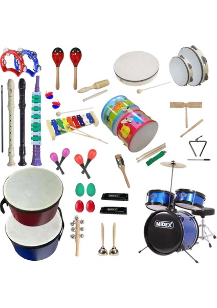 Örf Aletleri Seti Overmuch Paket-3 Marakas Zil Üçgen Ksilofon Melodika Mızıka Davul Flüt (32 Parça)