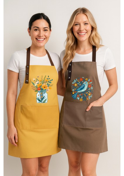 Kumaş Mutfak Önlüğü Seti 2'li Leke Tutmaz Su Itici %65 Pamuk %35 Polyester Kuş - Çiçek Önlük