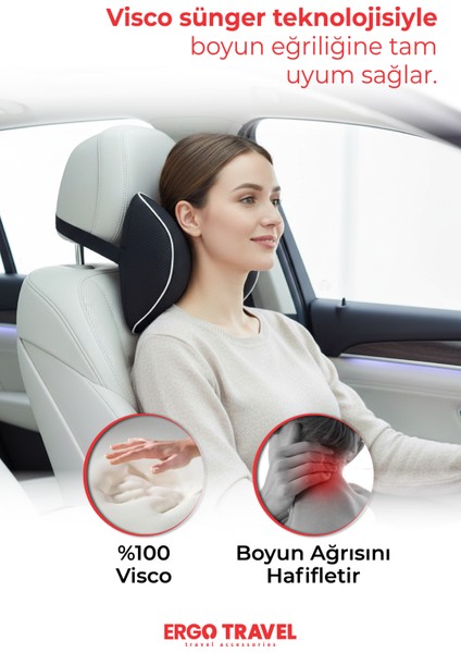 Carfort Büyük Visco Araç Boyun Yastığı – Ortopedik Oto Koltuk Boyun Desteği Siyah - Ergo Travel indirimleri
