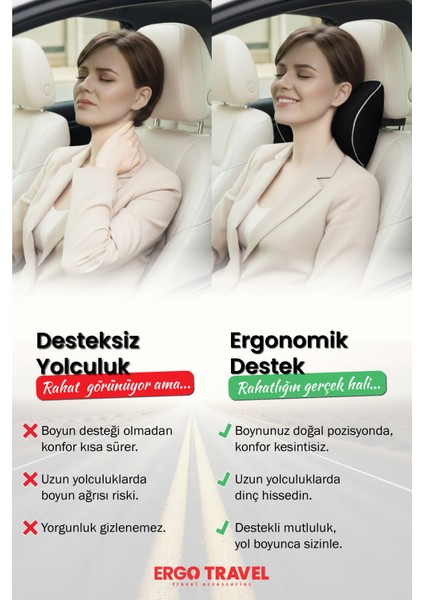 Carfort Büyük Visco Araç Boyun Yastığı – Ortopedik Oto Koltuk Boyun Desteği Siyah - Ergo Travel