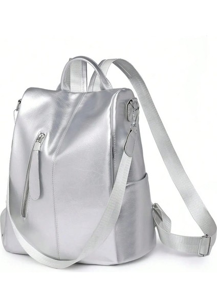 Kadınlar Basit Düz Renkli Büyük Kapasiteli Su Geçirmez Sırt Çantası, Çok Yönlü ve Şık, Studentcolor Için Uygun: Gümüş (Yurt Dışından)