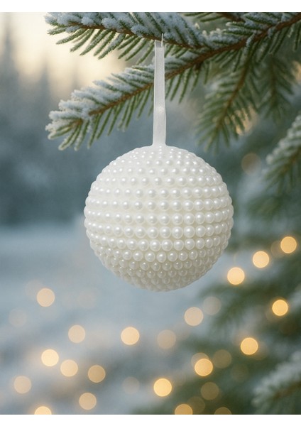 Yılbaşı Topu Inci Kaplama Çam Ağacı Süsü Beyaz 10 cm 2'li