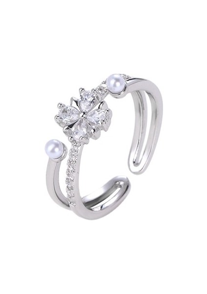 Kadınların Işaret Parmağı Için Zirkonyum Çiçek Simetrik Çift Katmanlı Ayarlanabilir Açılış Halkası (Yurt Dışından)