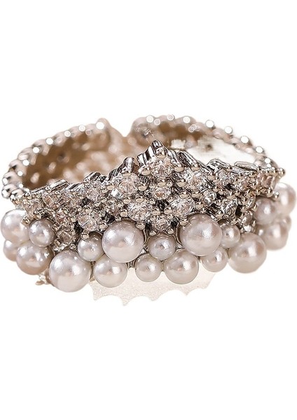 Kadınlar Için Zarif Inci Zirkonya Taçlı Açık Yüzük, Mikro Döşemeli Ayarlanabilir Işaret Parmağı Yüzüğü (Yurt Dışından)