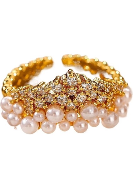 Kadınlar Için Zarif Inci Zirkonya Taçlı Açık Yüzük, Mikro Döşemeli Ayarlanabilir Işaret Parmağı Yüzüğü (Yurt Dışından)