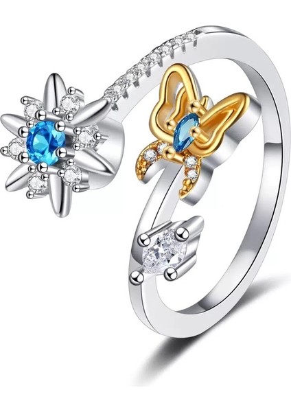 Kadınlar Için Sekiz Köşeli Yıldız Dönen Yüzük, Stres Giderici Moda Çiçek Desenli Zirkonyum Kelebek Yüzük (Yurt Dışından)