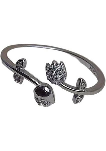 Mikro Zirkon Taşlı S925 Ayar Gümüş Lale Yüzük, Ayarlanabilir Açıklık, Zarif Stil (Yurt Dışından)