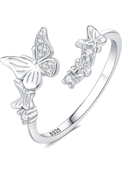 Kadınlar Için S925 Ayar Gümüş Bahçe Kelebek Çiçek Ayarlanabilir Yüzük (Yurt Dışından)