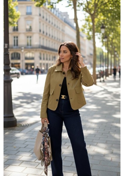 Kadın Likralı Cepli Haki Ceket