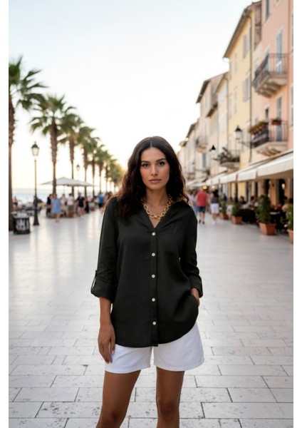 Kadın %100 Keten Siyah Relaxed Kalıp Gömlek