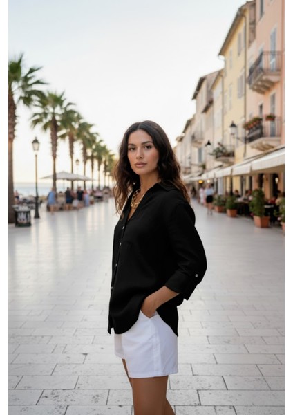 Kadın %100 Keten Siyah Relaxed Kalıp Gömlek fiyatları