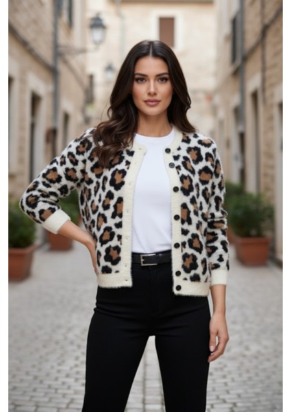 Kadın Premium Leopar Desenli Triko Bisiklet Yaka Hırka
