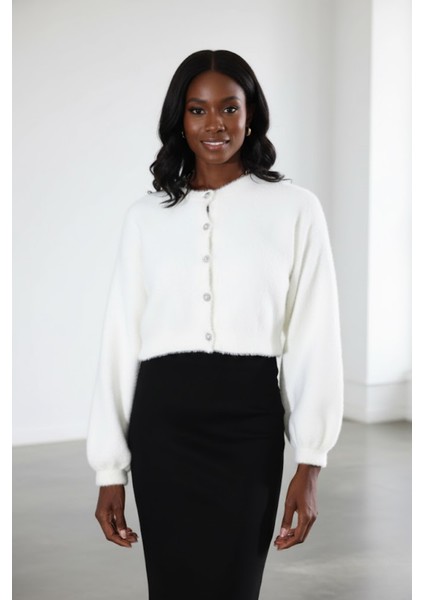 Kadın İnci Taşlı Düğmeli Yumoş Hırka