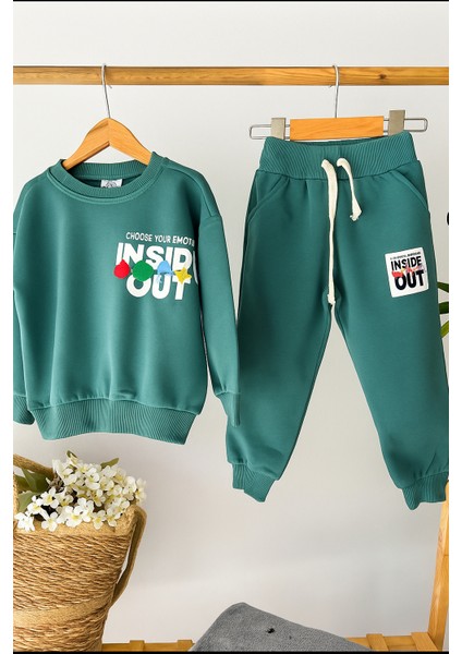 Erkek Çocuk Pamuklu Şardonsuz Inside Out Baskılı Petrol Yeşili Eşofman Takımı (2-8 Yaş) Kr Kıds