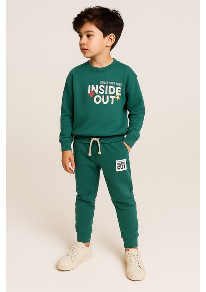 Erkek Çocuk Pamuklu Şardonsuz Inside Out Baskılı Petrol Yeşili Eşofman Takımı (2-8 Yaş) Kr Kıds fırsatları