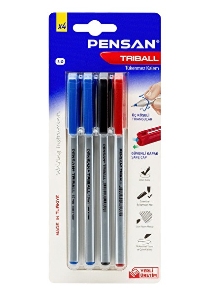 2 Adet Pensan 4'lütriball Tükenmez Kalem (2 Mavi+1 Siyah+1 Kırmızı)
