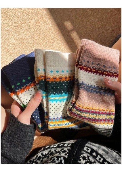 Kadın Çorapları Kalın Çizgi Haki Retro Etnik Tarzı Ins Trend Orta Bozul Yığın Çorapları (Yurt Dışından) fiyatları