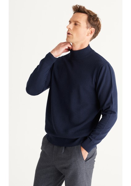 ALTINYILDIZ CLASSICS Erkek Lacivert Standart Fit Normal Kesim Yarım Balıkçı Yaka Pamuklu Triko Kazak indirimleri