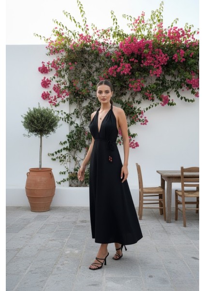 Kadın Boyundan Bağlamalı Sırtı Açık Keten Elbise