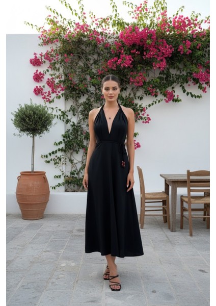 Kadın Boyundan Bağlamalı Sırtı Açık Keten Elbise fiyatları