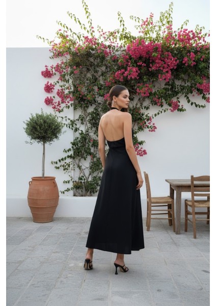 Kadın Boyundan Bağlamalı Sırtı Açık Keten Elbise fırsatları