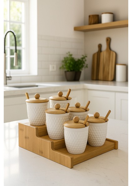 Modern Bambu Standlı 6'lı Porselen Baklava Desenli Baharatlık Seti Kaşıklı
