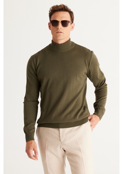 ALTINYILDIZ CLASSICS Erkek Haki Tüylenme Yapmayan Standart Fit Normal Kesim Yarım Balıkçı Yaka Triko Kazak modelleri