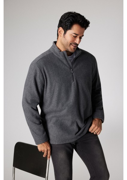 Erkek Antrasit Anti-pilling Tüylenme Yapmayan Standart Fit Dik Yaka Soğuk Geçirmez Polar Sweatshirt