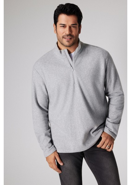 Erkek Gri Anti-pilling Tüylenme Yapmayan Standart Fit Dik Bato Yaka Soğuk Geçirmez Polar Sweatshirt