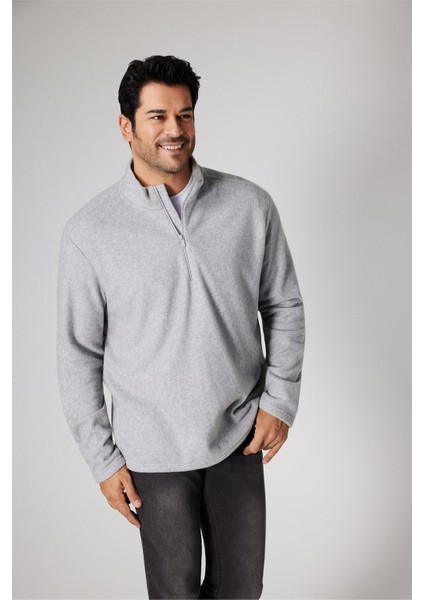 Erkek Gri Anti-pilling Tüylenme Yapmayan Standart Fit Dik Bato Yaka Soğuk Geçirmez Polar Sweatshirt fiyatları