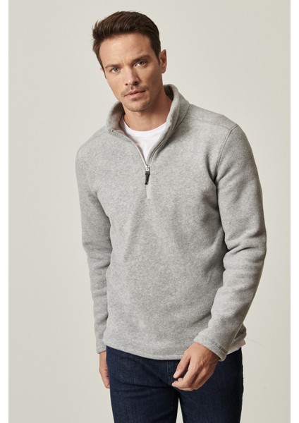 Erkek Gri Anti-pilling Tüylenme Yapmayan Standart Fit Dik Bato Yaka Soğuk Geçirmez Polar Sweatshirt modelleri