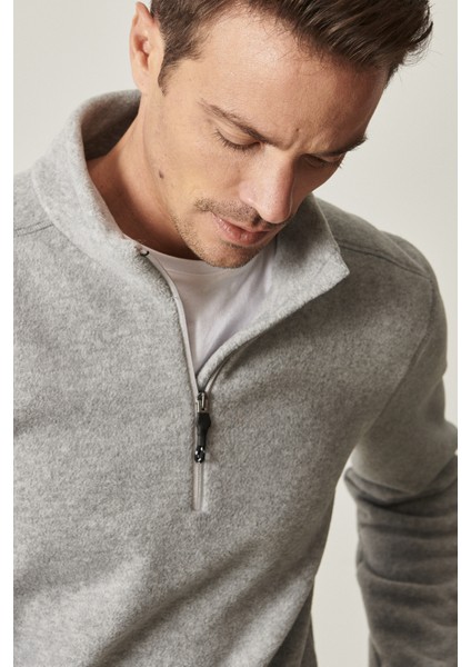 Erkek Gri Anti-pilling Tüylenme Yapmayan Standart Fit Dik Bato Yaka Soğuk Geçirmez Polar Sweatshirt indirimleri