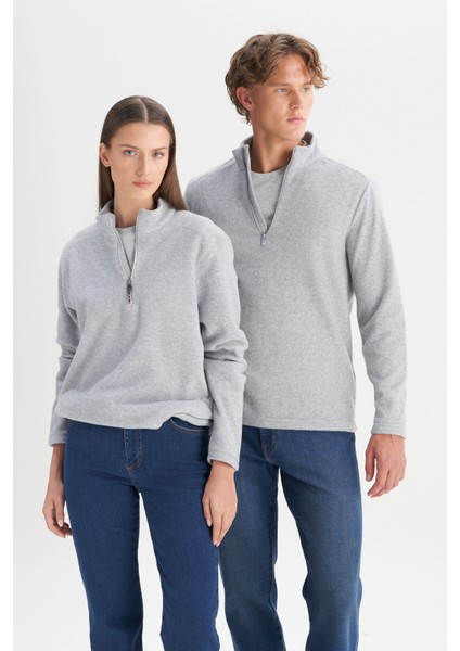 Erkek Gri Anti-pilling Tüylenme Yapmayan Standart Fit Dik Bato Yaka Soğuk Geçirmez Polar Sweatshirt