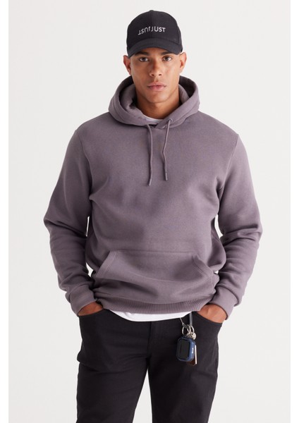 Erkek Koyu Gri Standart Fit Içi Polarlı 3 Iplik Kapüşonlu Kanguru Cepli Pamuklu Sweatshirt modelleri