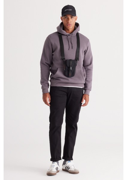 Erkek Koyu Gri Standart Fit Içi Polarlı 3 Iplik Kapüşonlu Kanguru Cepli Pamuklu Sweatshirt indirimleri